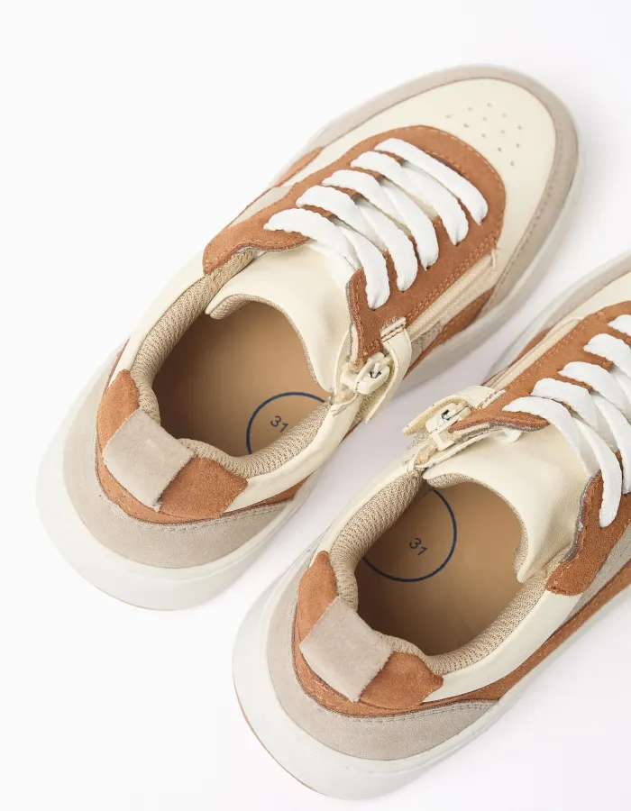 Dual-fabric trainers with laces for boys, beige/brown