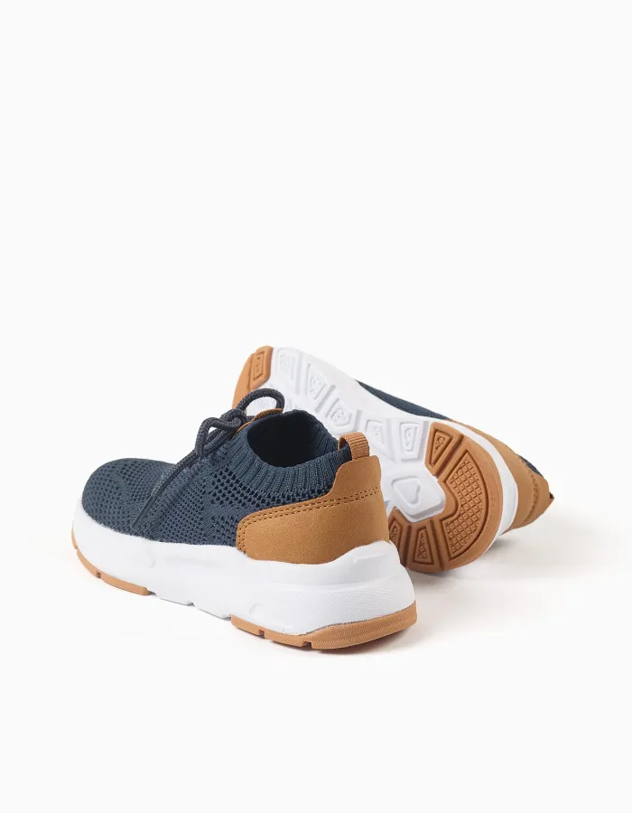 Flyknit trainers with laces for boys, dark blue/camel