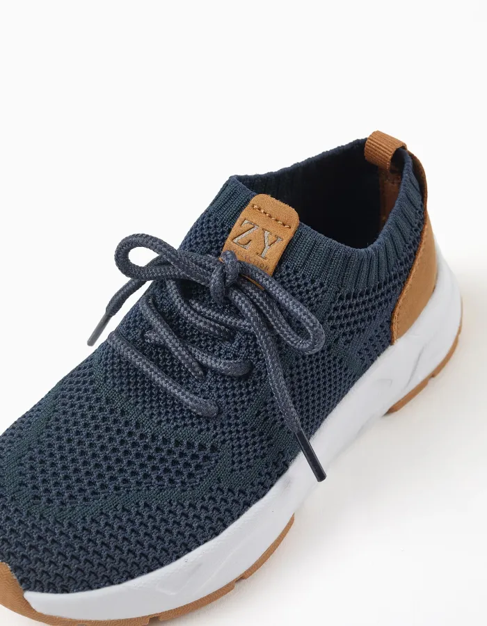 Flyknit trainers with laces for boys, dark blue/camel