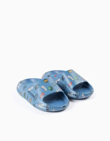 Slides with Marvel motif and non-slip sole for boys, blue