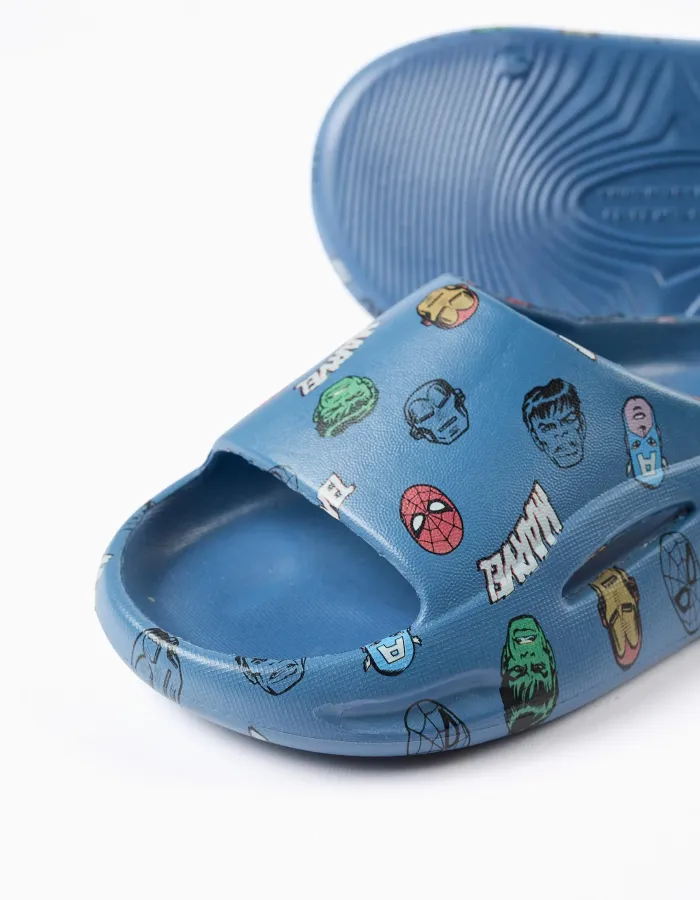 Slides with Marvel motif and non-slip sole for boys, blue
