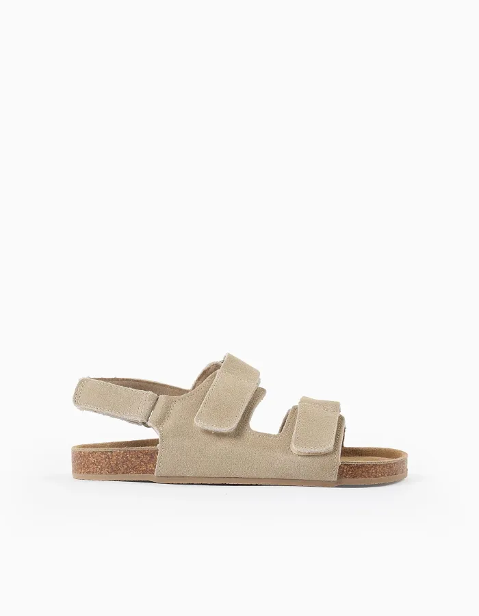 Suede footbed sandals with cork insole for boys, beige