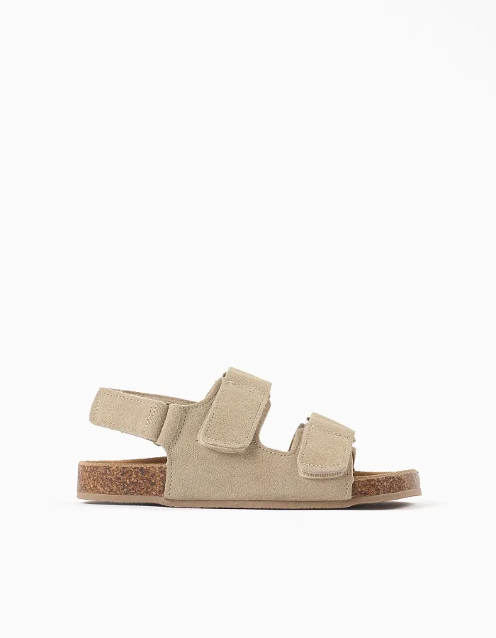 Suede footbed sandals with cork insole for boys, beige