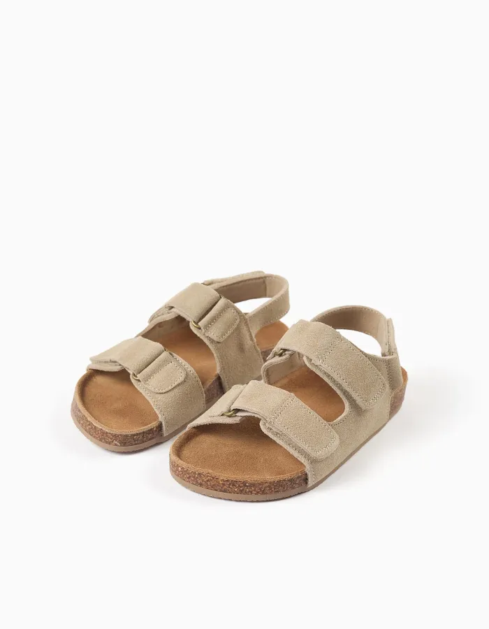 Suede footbed sandals with cork insole for boys, beige