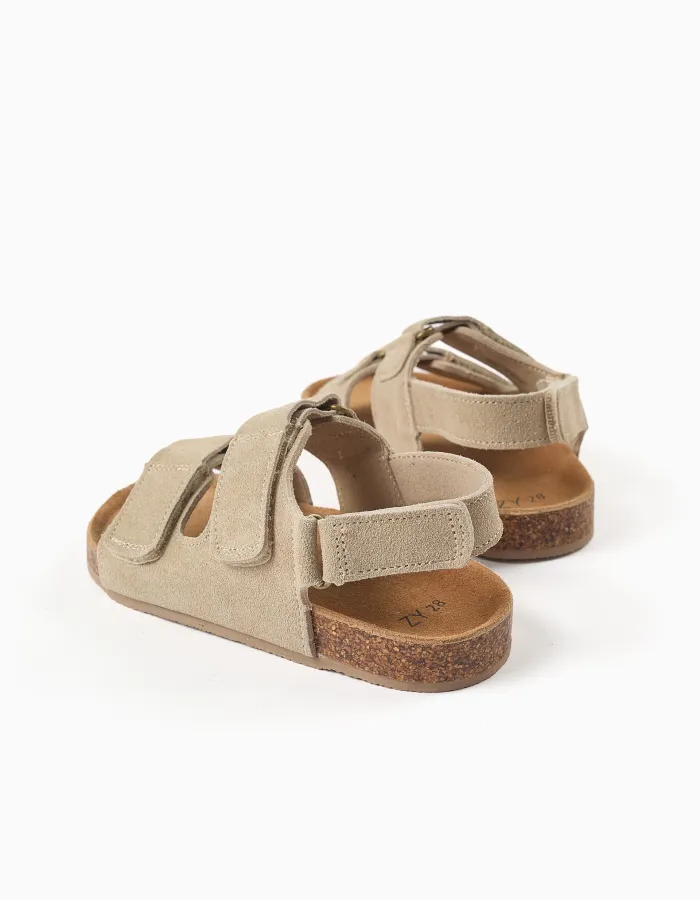 Suede footbed sandals with cork insole for boys, beige