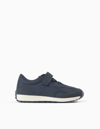 Dual-fabric trainers with non-slip sole for boys, dark blue