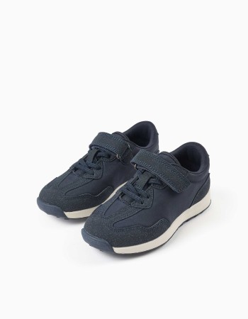 Dual-fabric trainers with non-slip sole for boys, dark blue