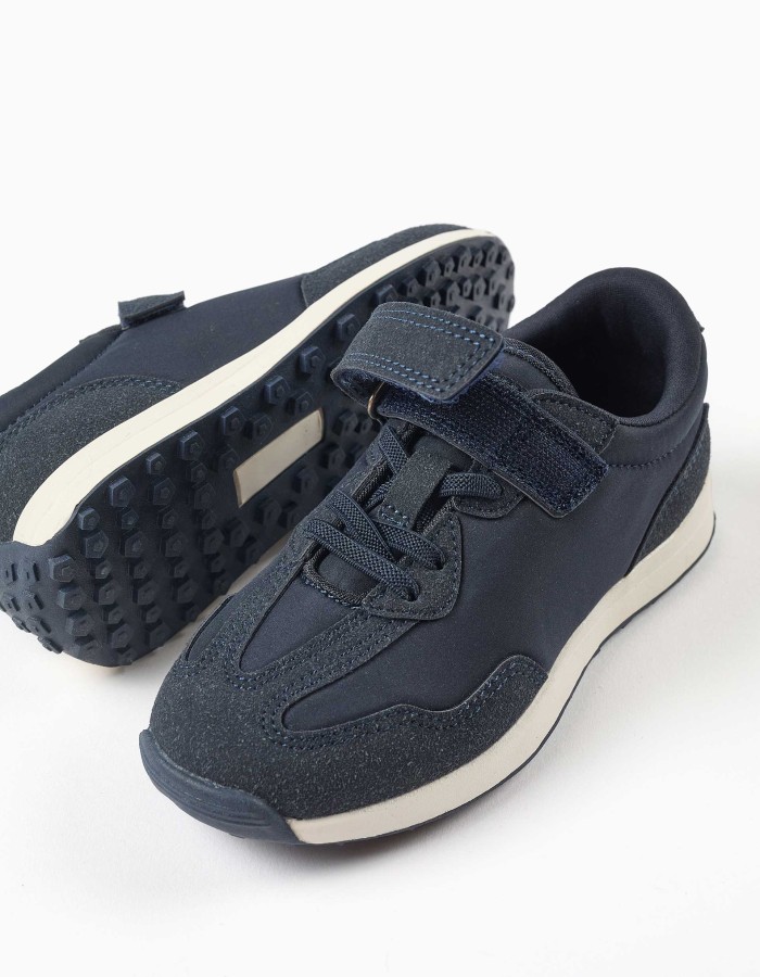Dual-fabric trainers with non-slip sole for boys, dark blue