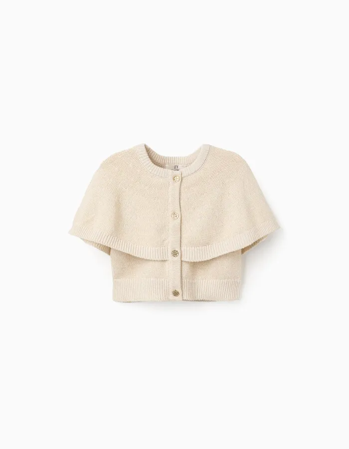 Knitted cardigan with cape sleeves and lurex for baby girls, beige