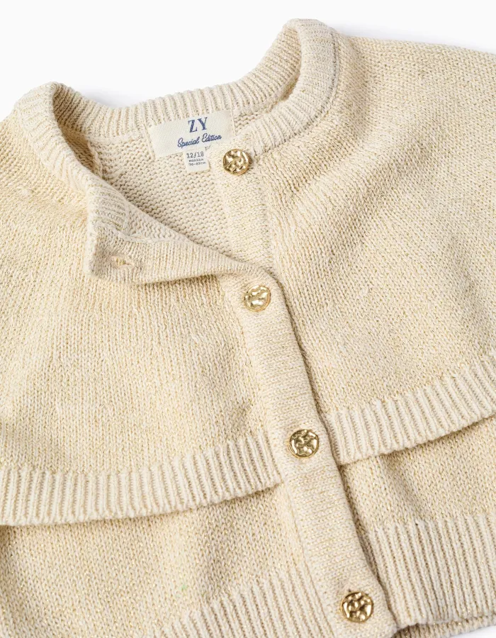 Knitted cardigan with cape sleeves and lurex for baby girls, beige