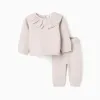Knitted jumper with ruffled collar + trousers for newborn girls, beige