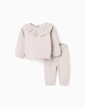 Knitted jumper with ruffled collar + trousers for newborn girls, beige