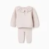 Knitted jumper with ruffled collar + trousers for newborn girls, beige