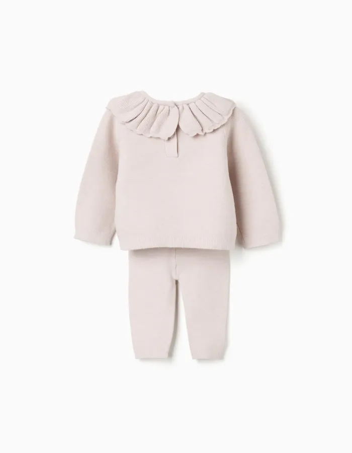 Knitted jumper with ruffled collar + trousers for newborn girls, beige