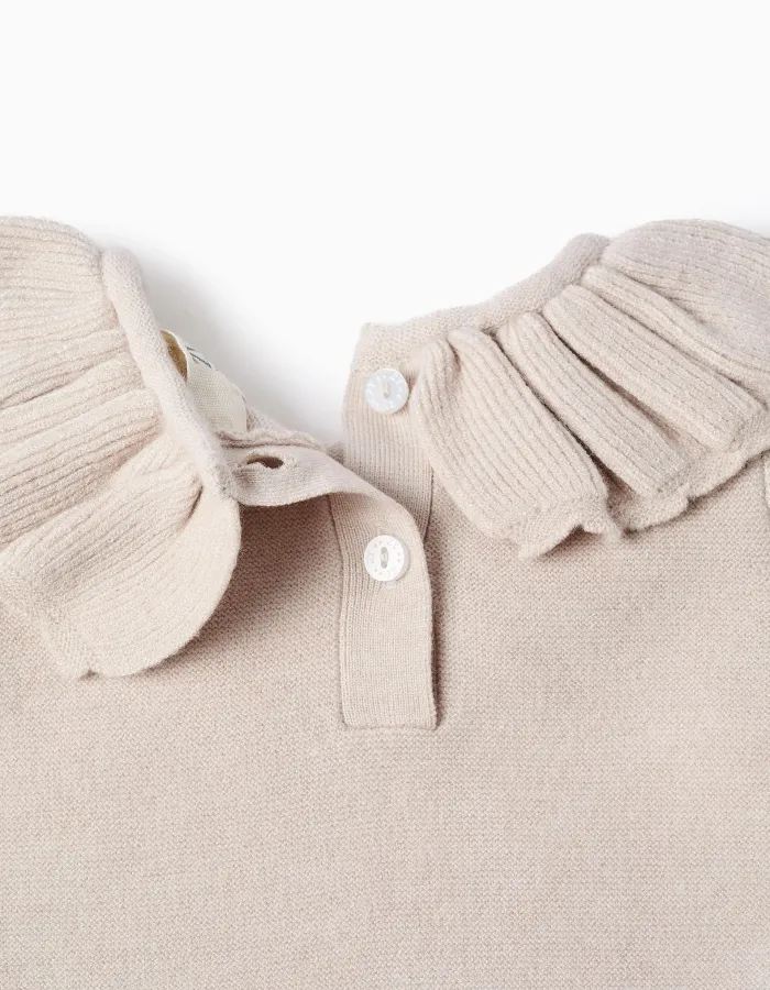 Knitted jumper with ruffled collar + trousers for newborn girls, beige