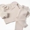 Knitted jumper with ruffled collar + trousers for newborn girls, beige