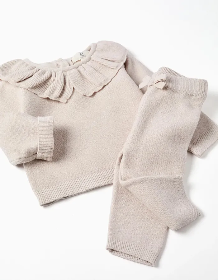 Knitted jumper with ruffled collar + trousers for newborn girls, beige