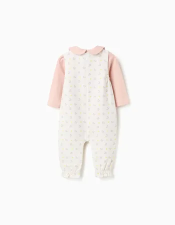 Long sleeve bodysuit + jumpsuit with motif for newborn girls, pink/white