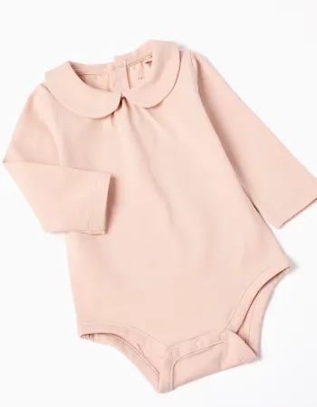 Long sleeve bodysuit + jumpsuit with motif for newborn girls, pink/white