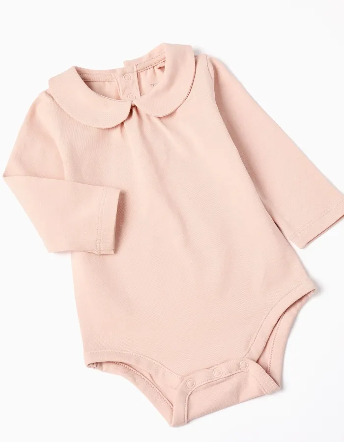 Long sleeve bodysuit + jumpsuit with motif for newborn girls, pink/white