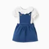 Bodysuit with motif + denim pinafore dress for newborn girls, white/blue