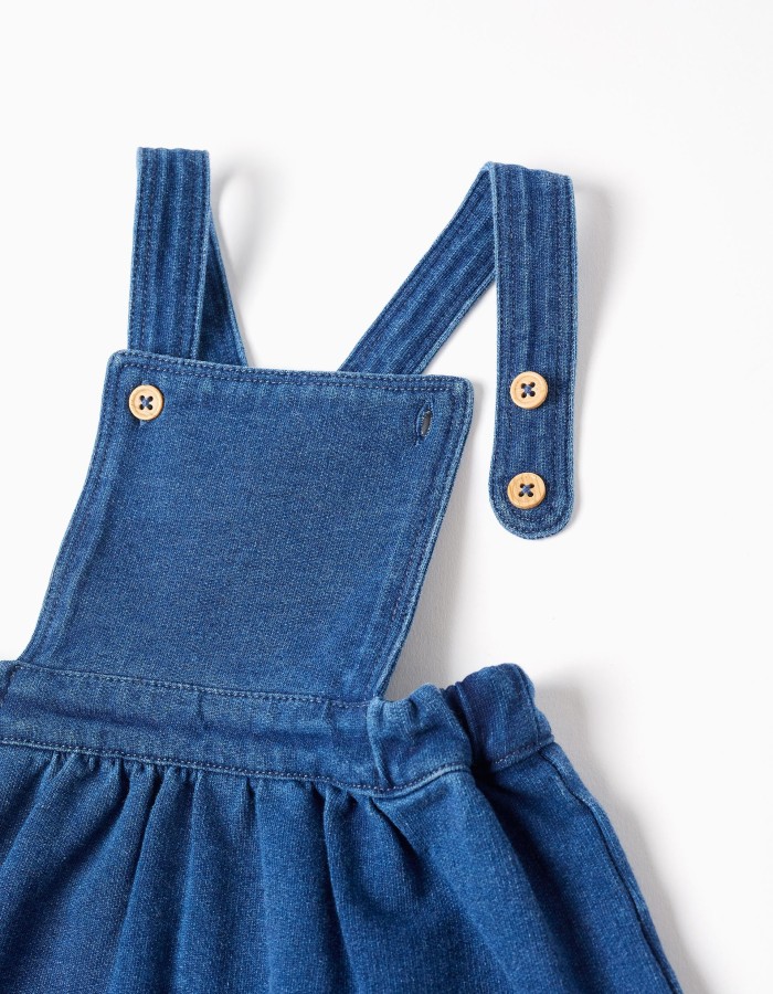 Bodysuit with motif + denim pinafore dress for newborn girls, white/blue