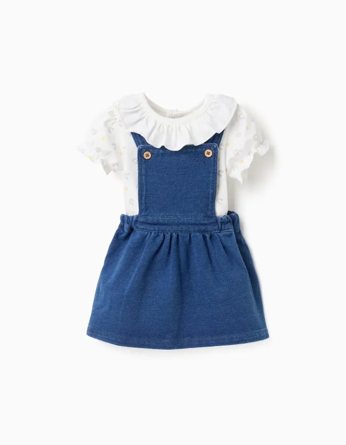 Bodysuit with motif + denim pinafore dress for newborn girls, white/blue