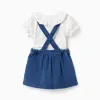 Bodysuit with motif + denim pinafore dress for newborn girls, white/blue