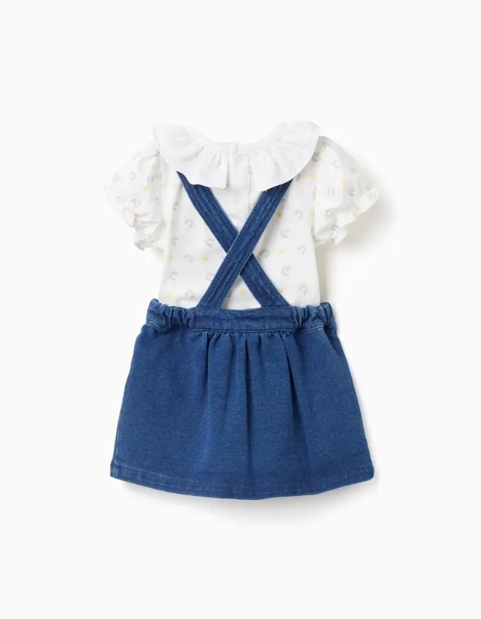 Bodysuit with motif + denim pinafore dress for newborn girls, white/blue