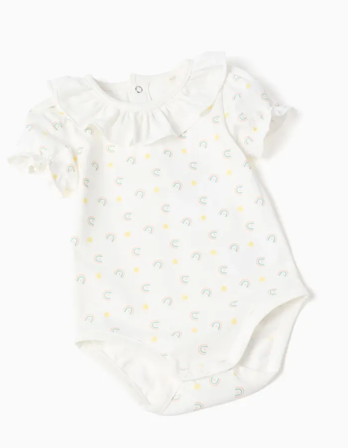 Bodysuit with motif + denim pinafore dress for newborn girls, white/blue