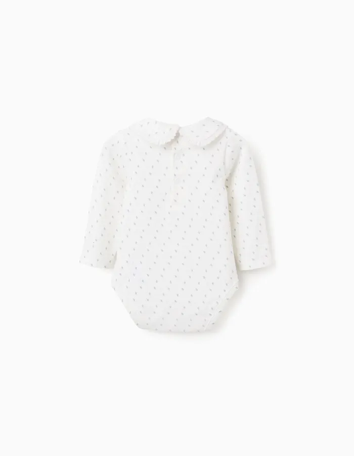 Long sleeve bodysuit with leaf motif for newborn girls, white/blue