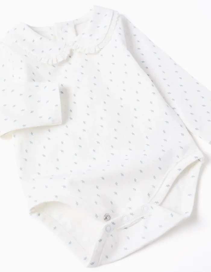 Long sleeve bodysuit with leaf motif for newborn girls, white/blue