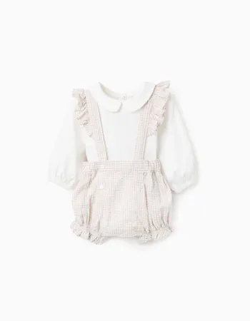 Bodysuit + jumpsuit with Vichy pattern for newborn girls, white/beige