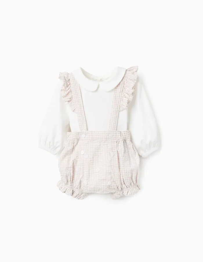 Bodysuit + jumpsuit with Vichy pattern for newborn girls, white/beige