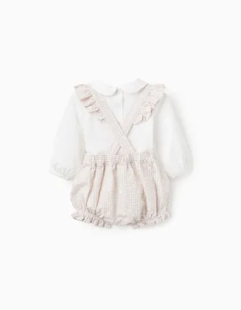 Bodysuit + jumpsuit with Vichy pattern for newborn girls, white/beige