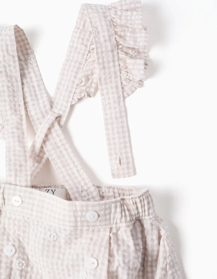 Bodysuit + jumpsuit with Vichy pattern for newborn girls, white/beige