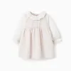 Long sleeve cotton dress with Vichy for newborn girls, white/beige