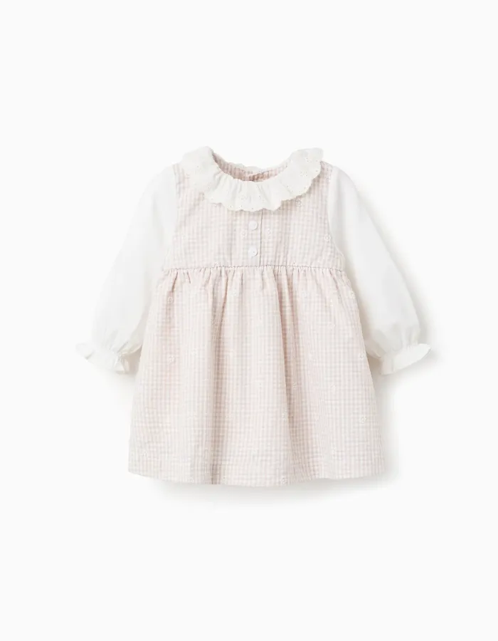 Long sleeve cotton dress with Vichy for newborn girls, white/beige