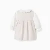 Long sleeve cotton dress with Vichy for newborn girls, white/beige
