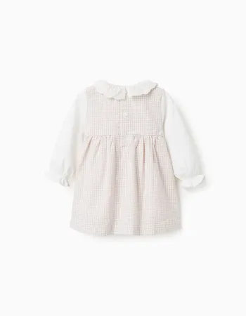 Long sleeve cotton dress with Vichy for newborn girls, white/beige