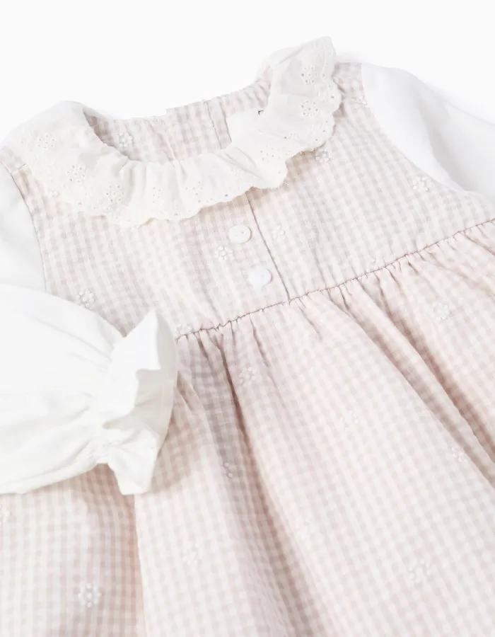 Long sleeve cotton dress with Vichy for newborn girls, white/beige