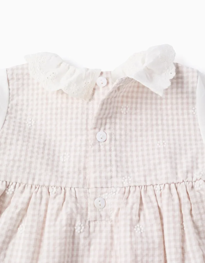 Long sleeve cotton dress with Vichy for newborn girls, white/beige