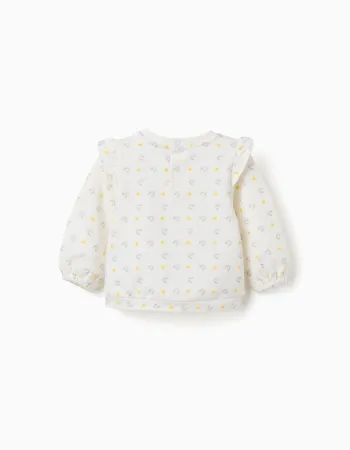 Cotton sweatshirt with ruffles and motif for newborn girls, white