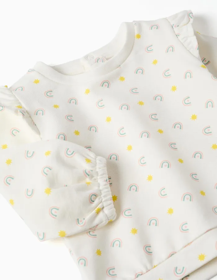 Cotton sweatshirt with ruffles and motif for newborn girls, white