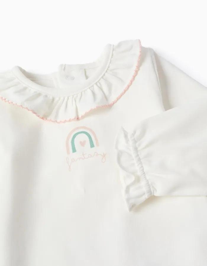 Long sleeve bodysuit with rainbow print for newborn girls, white