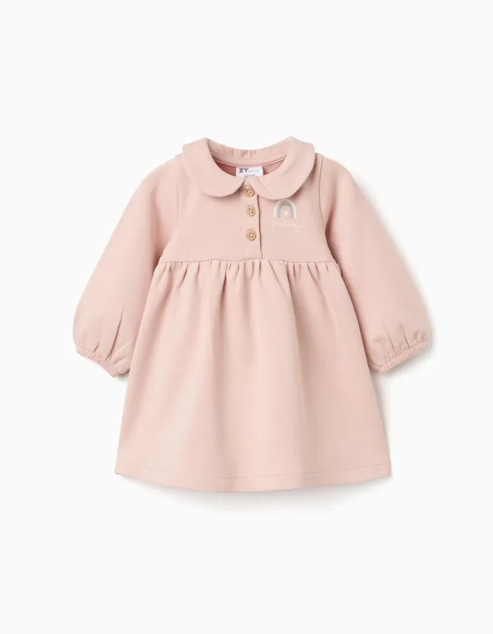 Long puffy sleeve cotton dress with print for newborn girls, pink