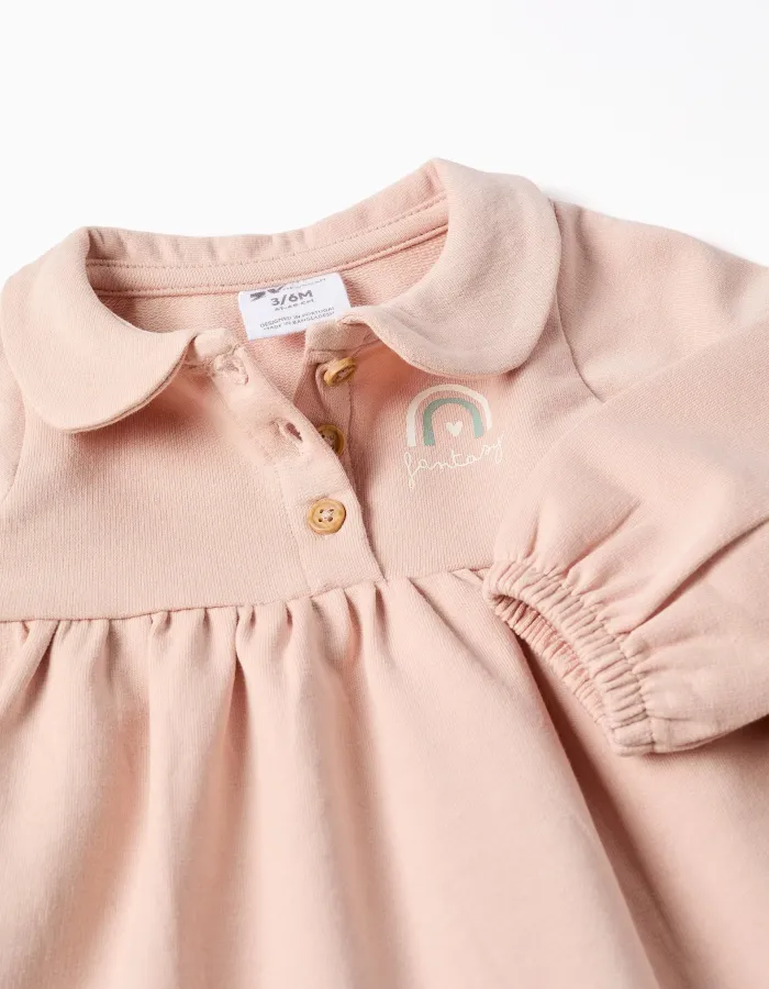 Long puffy sleeve cotton dress with print for newborn girls, pink