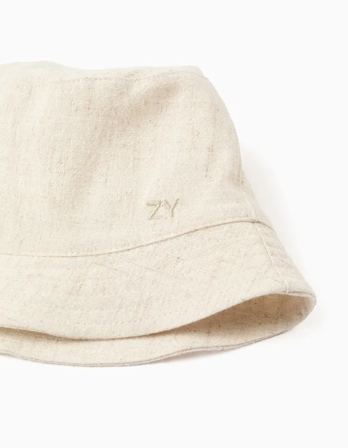 Bucket hat with linen for babies and children, light beige