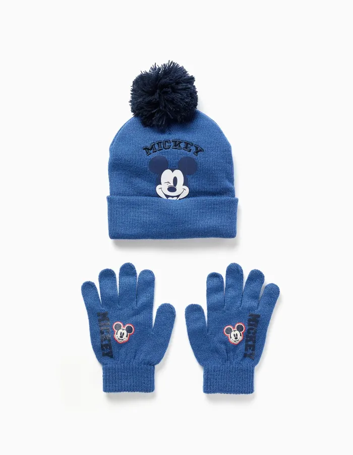 Knitted Disney beanie and gloves with Mickey mouse for boys, blue