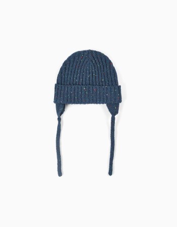 Beanie with colourful threads and side straps for baby boys, dark blue